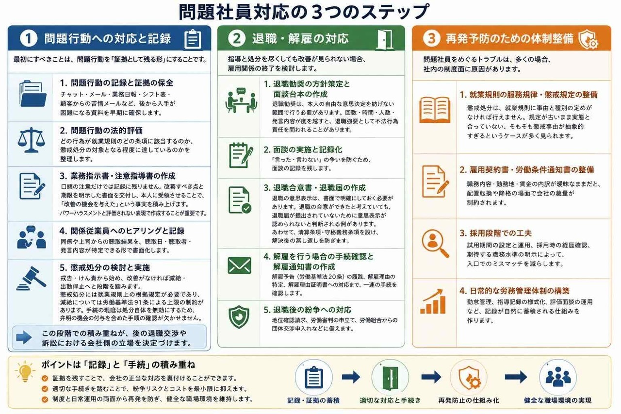 問題社員への対応は、思い立ったときに解雇を通告すればよいというものではありません。労働契約法16条は、解雇について「客観的に合理的な理由を欠き、社会通念上相当であると認められない場合」は無効になると定めています。裁判所がこの判断をする際に見るのは、問題行動そのものよりも、会社がその行動に対して何をしてきたかです。 そのため、実務では次の3つの段階を順に踏むことになります。どの段階を省略しても、最終的な解決の場面で会社側が不利になります。